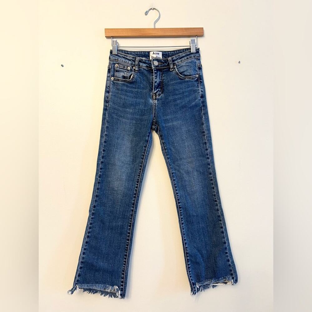Acne studios 28 kick flare high rise distressed raw hem blue jeans fall